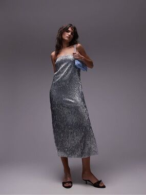 Topshop needle embellished bandeau maxi dress in silver